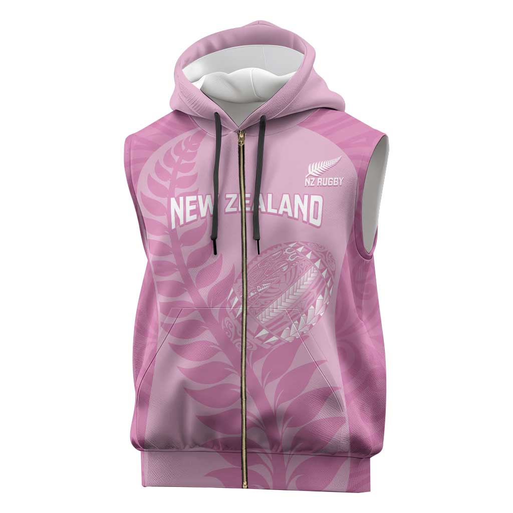 Custom New Zealand Silver Fern Rugby 2025 Sleeveless Zip Hoodie All Black Aotearoa Maori Pink - Polynesian Pride