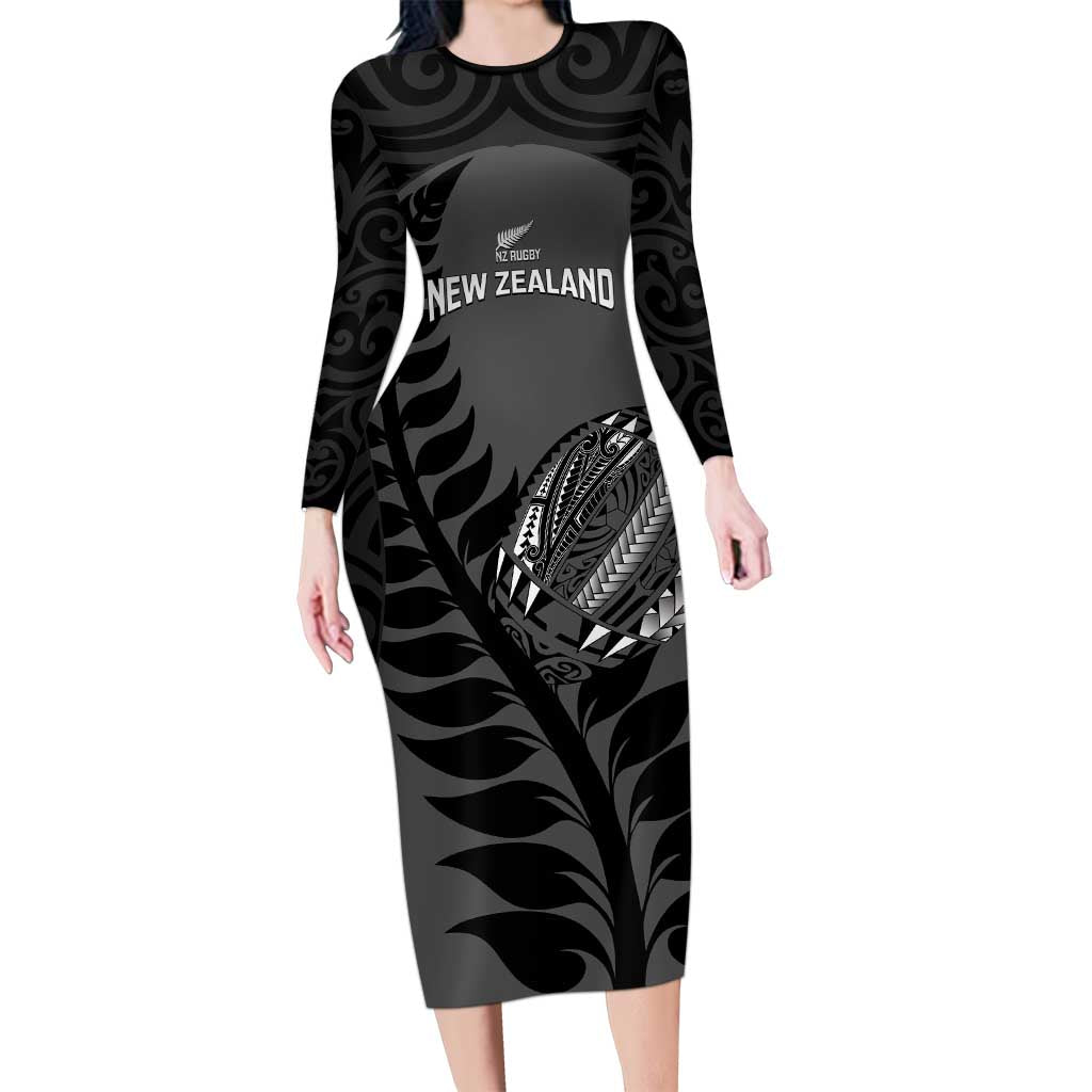 Custom New Zealand Silver Fern Rugby 2025 Family Matching Long Sleeve Bodycon Dress and Hawaiian Shirt Go Champions Aotearoa Maori Black