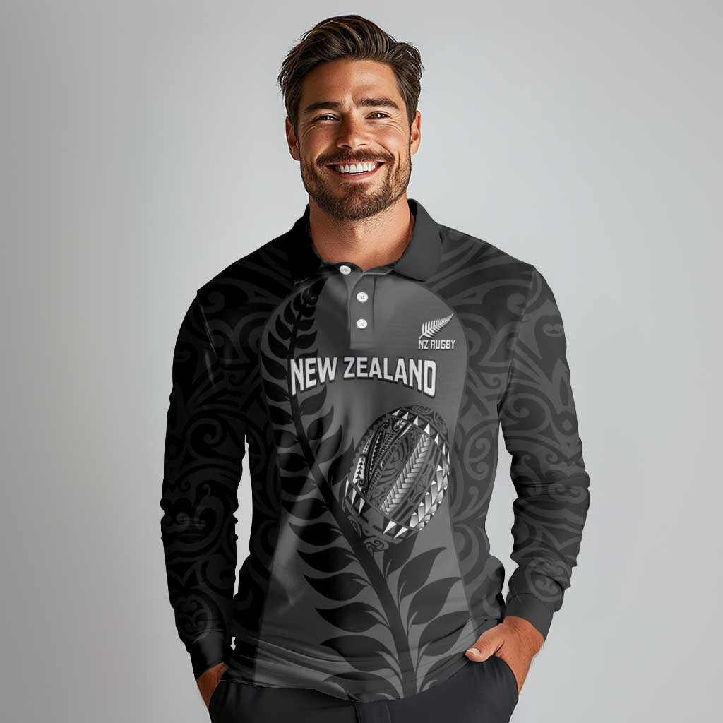 Custom New Zealand Silver Fern Rugby 2025 Long Sleeve Polo Shirt Go Champions Aotearoa Maori Black