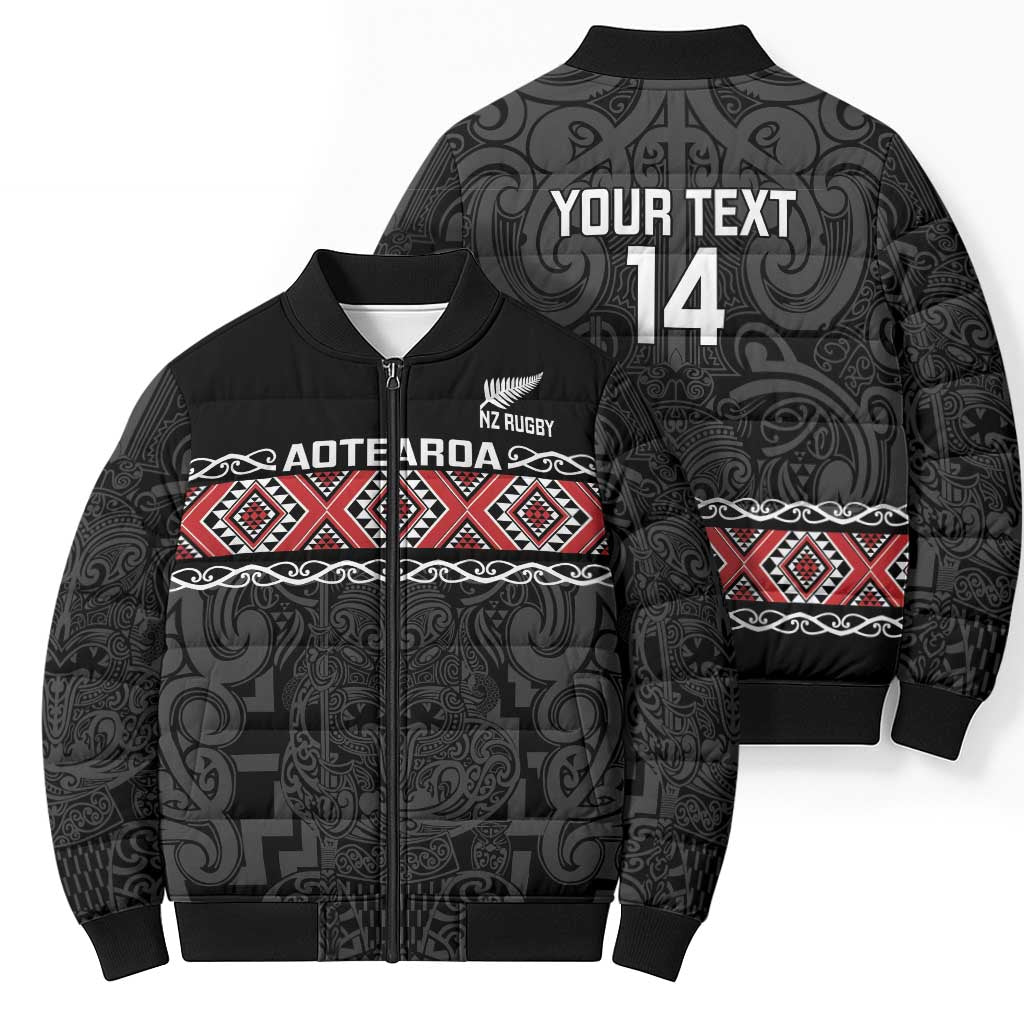 Custom New Zealand Silver Fern Rugby Bomber Puffer Jacket All Black Maori Taniko Pattern - Polynesian Pride