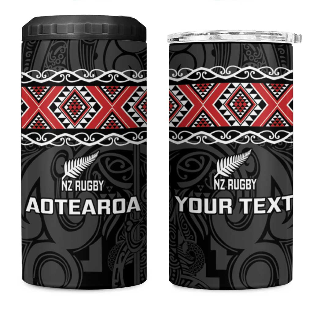 Custom New Zealand Silver Fern Rugby 4 in 1 Can Cooler Tumbler All Black Maori Taniko Pattern