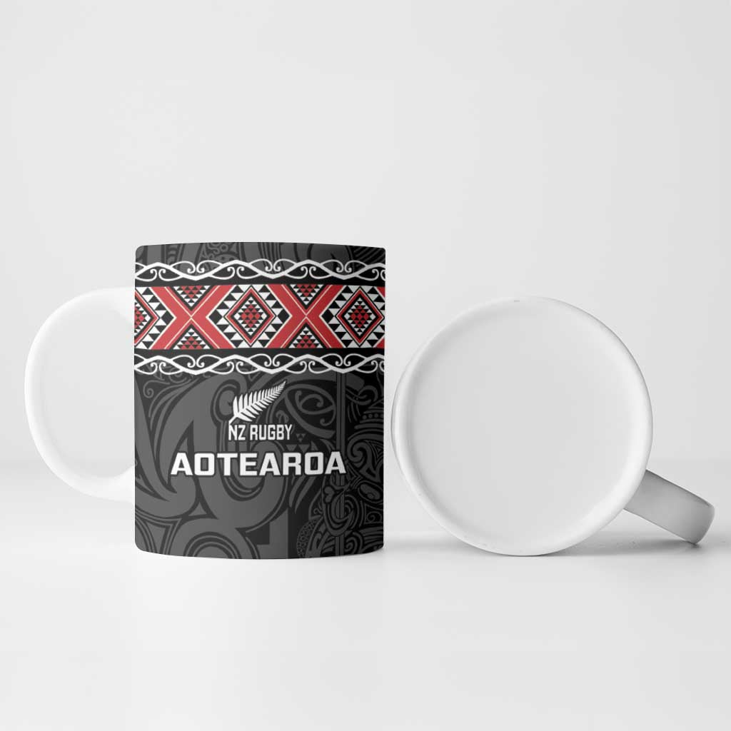 Custom New Zealand Silver Fern Rugby Ceramic Mug All Black Maori Taniko Pattern - Polynesian Pride