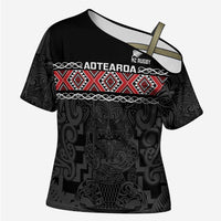 Custom New Zealand Silver Fern Rugby Cross Shoulder Shirt All Black Maori Taniko Pattern - Polynesian Pride