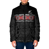 Custom New Zealand Silver Fern Rugby Padded Jacket All Black Maori Taniko Pattern - Polynesian Pride