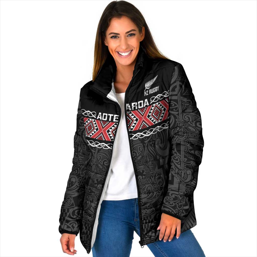 Custom New Zealand Silver Fern Rugby Padded Jacket All Black Maori Taniko Pattern - Polynesian Pride
