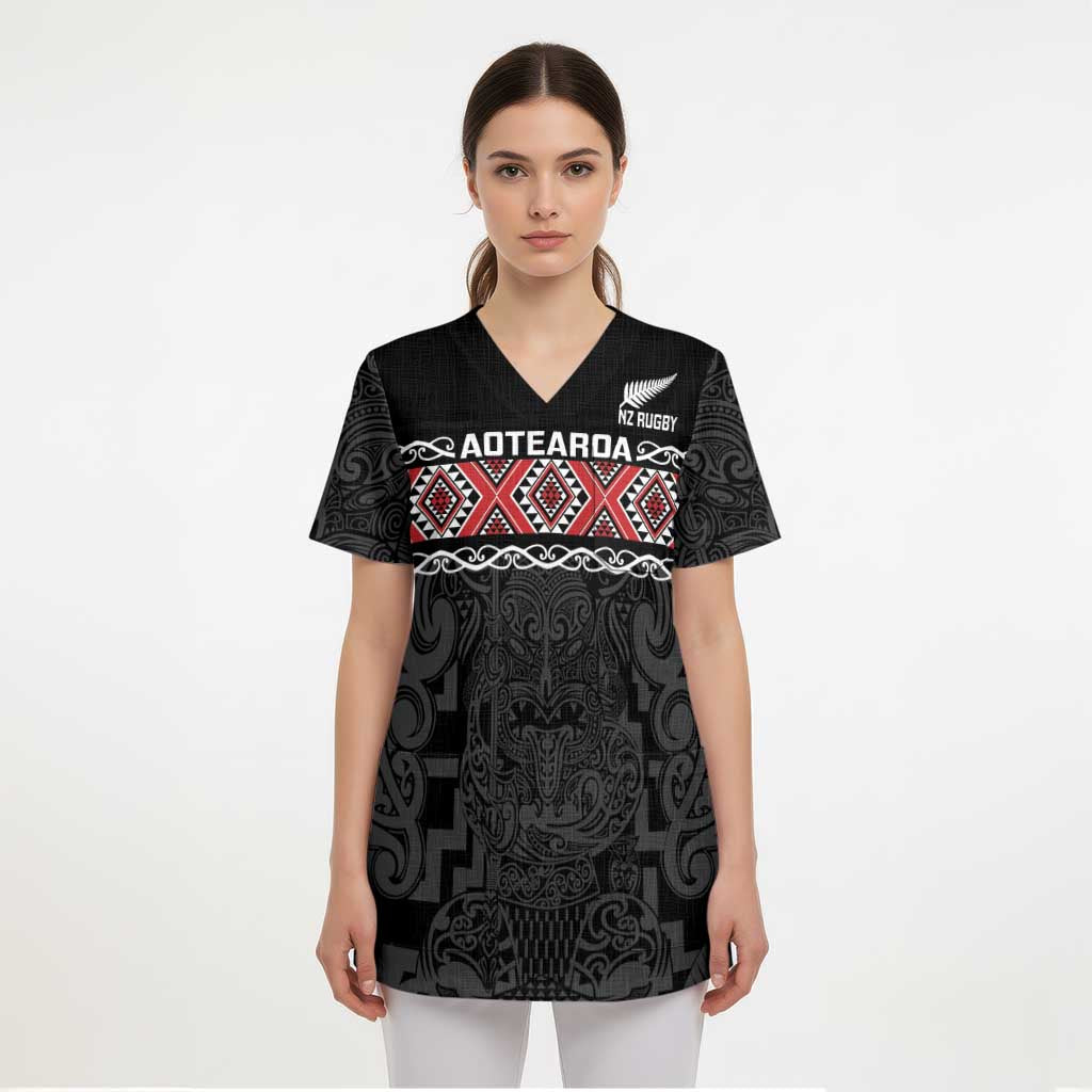 Custom New Zealand Silver Fern Rugby Scrub Top All Black Maori Taniko Pattern - Polynesian Pride