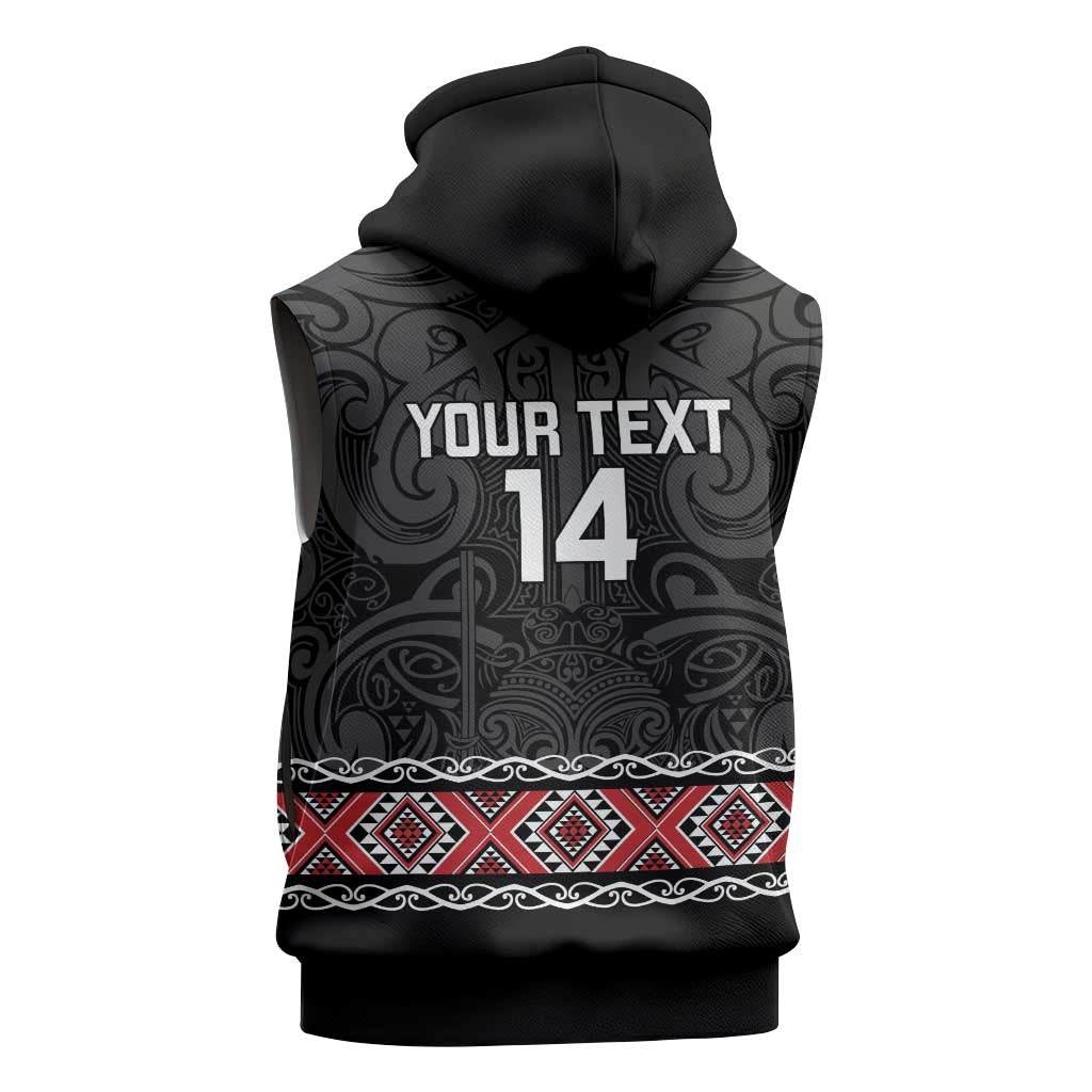 Custom New Zealand Silver Fern Rugby Sleeveless Hoodie All Black Maori Taniko Pattern - Polynesian Pride