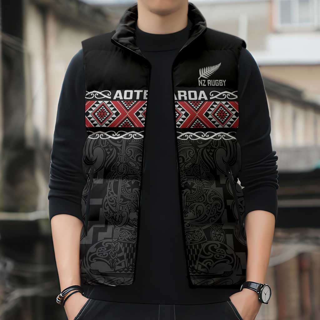 Custom New Zealand Silver Fern Rugby Sleeveless Puffer Jacket All Black Maori Taniko Pattern - Polynesian Pride