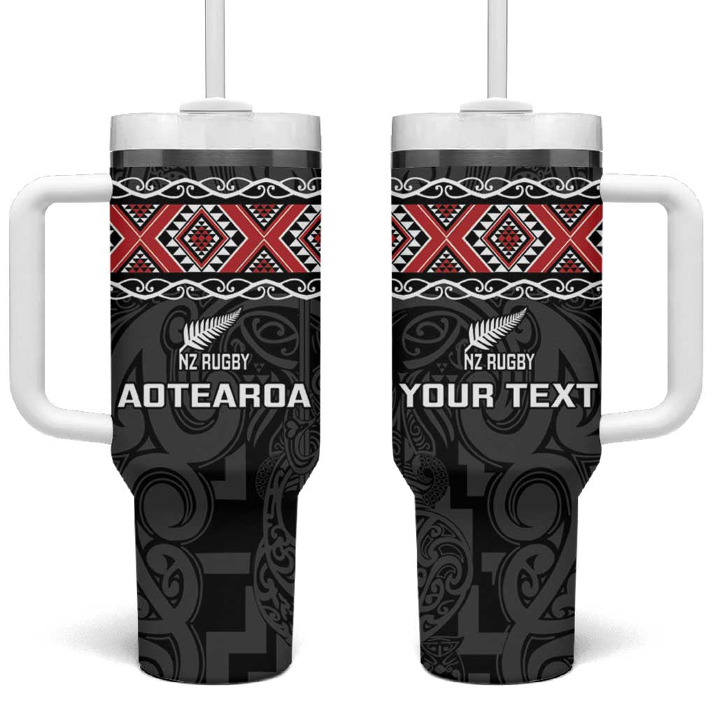 Custom New Zealand Silver Fern Rugby Tumbler With Handle All Black Maori Taniko Pattern