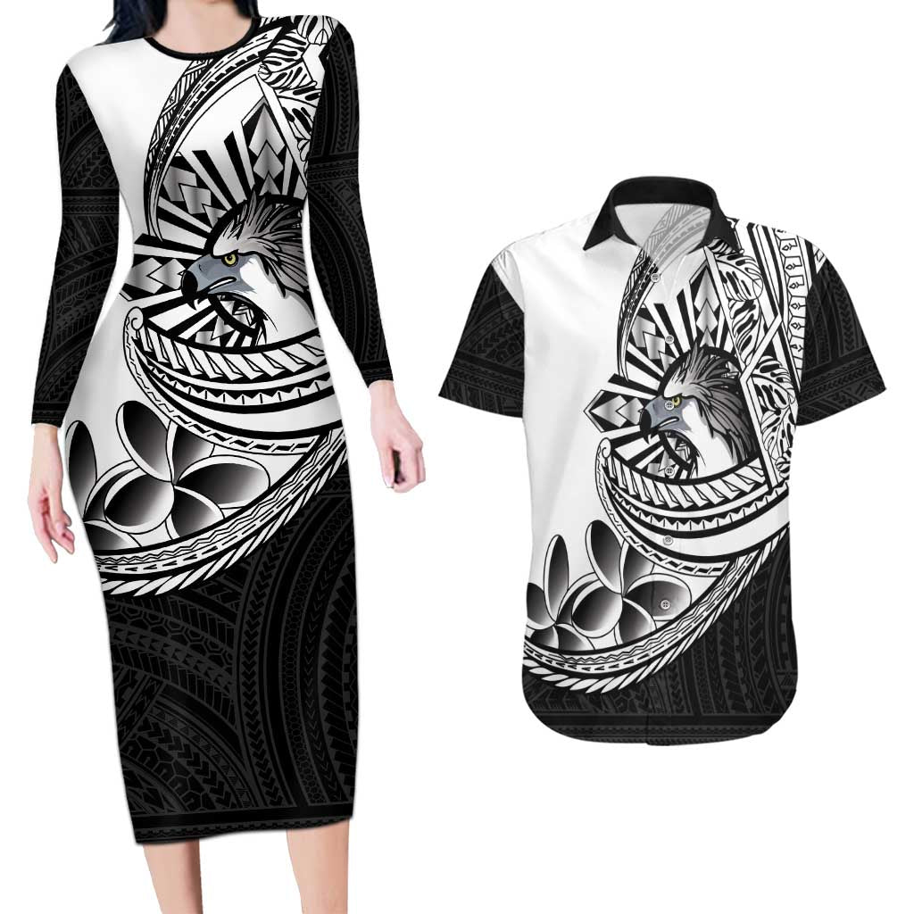 Philippines Eagle Sun Couples Matching Long Sleeve Bodycon Dress and Hawaiian Shirt Filipino Agila Polynesian Tattoo Black Color