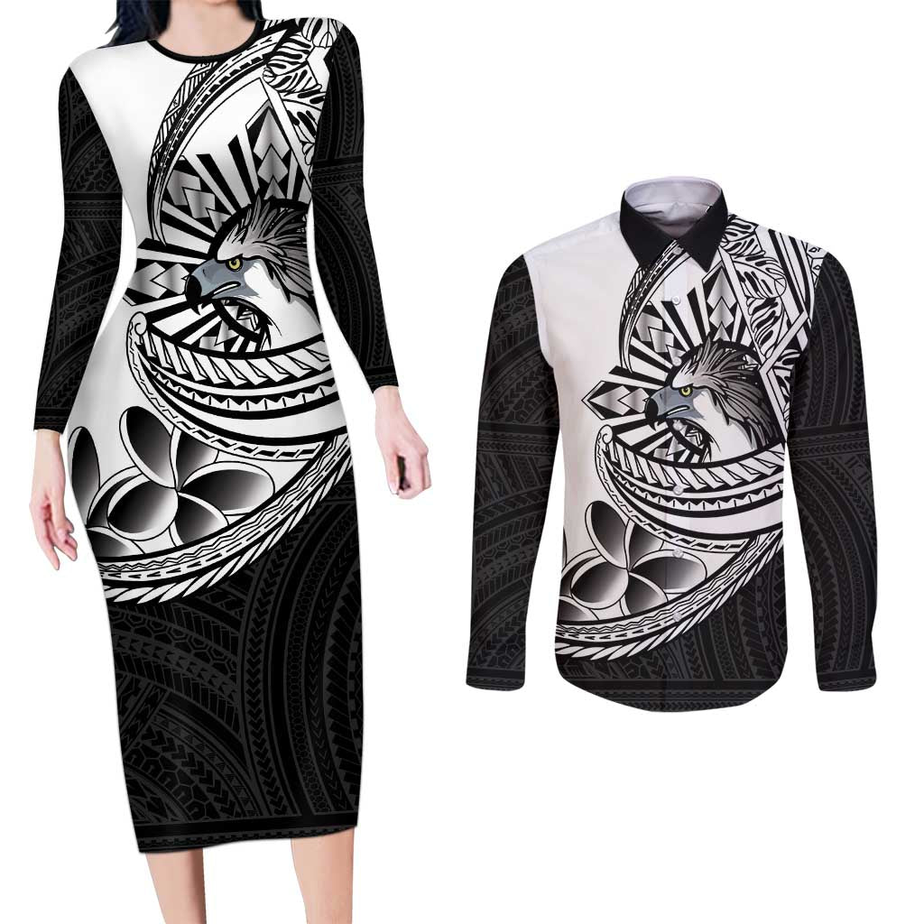 Philippines Eagle Sun Couples Matching Long Sleeve Bodycon Dress and Long Sleeve Button Shirt Filipino Agila Polynesian Tattoo Black Color