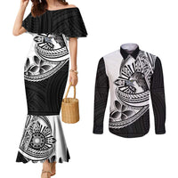 Philippines Eagle Sun Couples Matching Mermaid Dress and Long Sleeve Button Shirt Filipino Agila Polynesian Tattoo Black Color