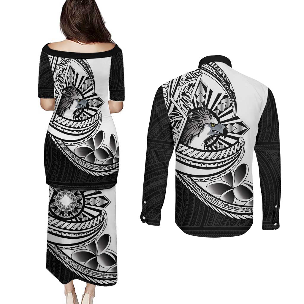 Philippines Eagle Sun Couples Matching Puletasi and Long Sleeve Button Shirt Filipino Agila Polynesian Tattoo Black Color LT14 - Polynesian Pride