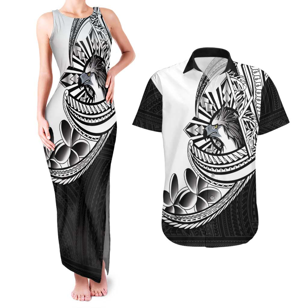 Philippines Eagle Sun Couples Matching Tank Maxi Dress and Hawaiian Shirt Filipino Agila Polynesian Tattoo Black Color