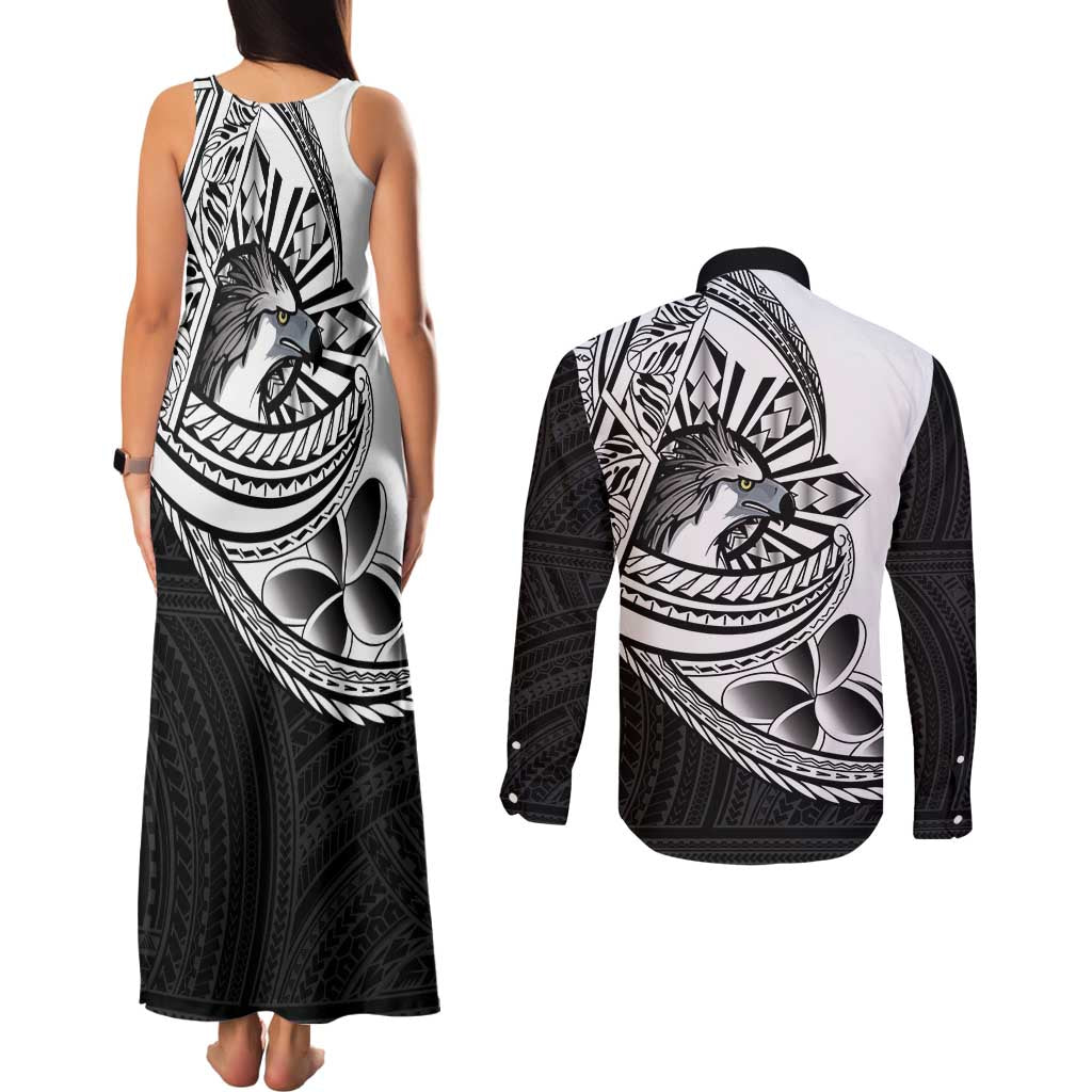 Philippines Eagle Sun Couples Matching Tank Maxi Dress and Long Sleeve Button Shirt Filipino Agila Polynesian Tattoo Black Color