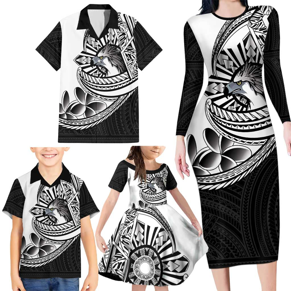 Philippines Eagle Sun Family Matching Long Sleeve Bodycon Dress and Hawaiian Shirt Filipino Agila Polynesian Tattoo Black Color LT14 - Polynesian Pride