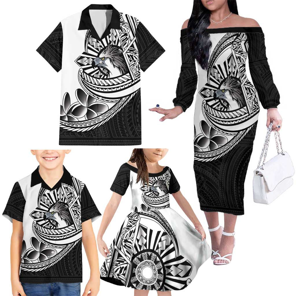Philippines Eagle Sun Family Matching Off The Shoulder Long Sleeve Dress and Hawaiian Shirt Filipino Agila Polynesian Tattoo Black Color LT14 - Polynesian Pride