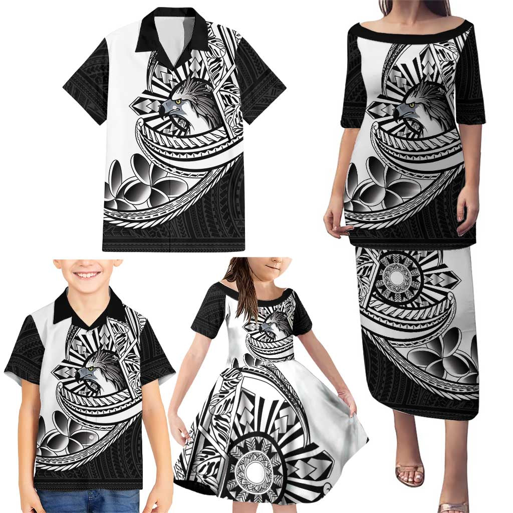 Philippines Eagle Sun Family Matching Puletasi and Hawaiian Shirt Filipino Agila Polynesian Tattoo Black Color