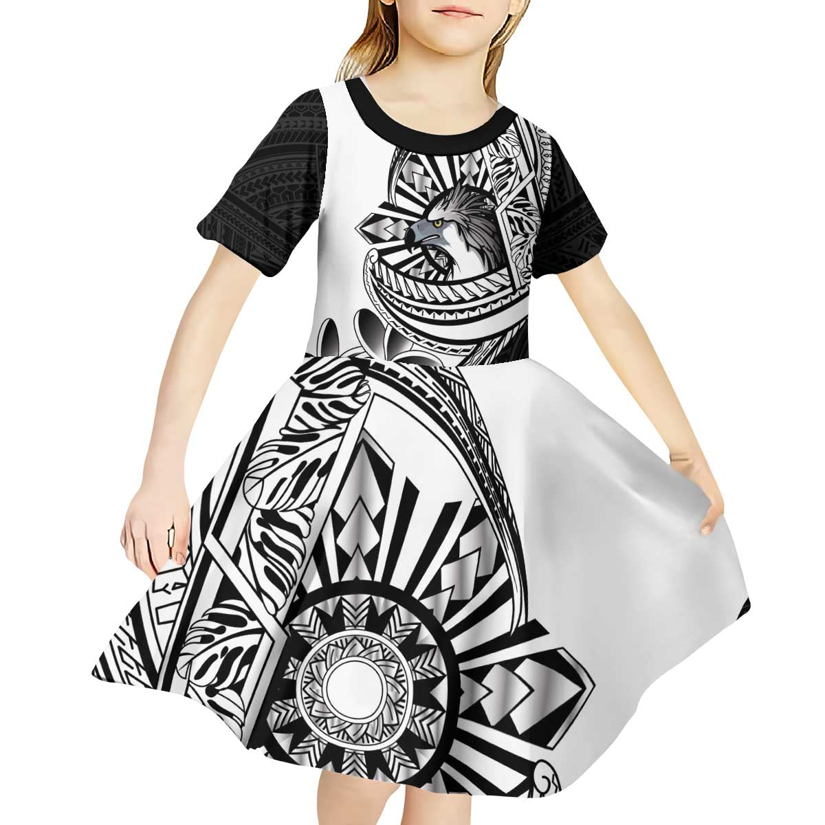 Philippines Eagle Sun Kid Short Sleeve Dress Filipino Agila Polynesian Tattoo Black Color LT14 - Polynesian Pride