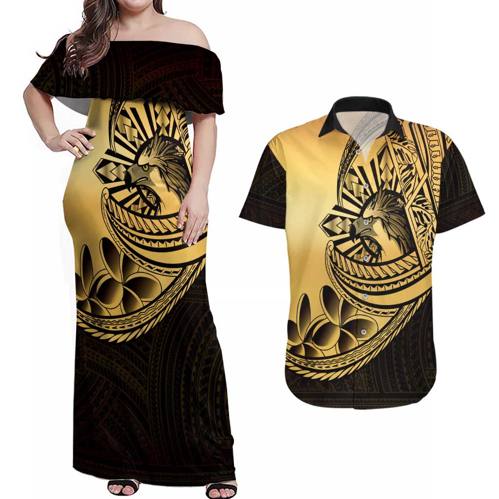Philippines Eagle Sun Couples Matching Off Shoulder Maxi Dress and Hawaiian Shirt Filipino Agila Polynesian Tattoo Gold Color