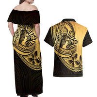 Philippines Eagle Sun Couples Matching Off Shoulder Maxi Dress and Hawaiian Shirt Filipino Agila Polynesian Tattoo Gold Color