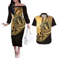 Philippines Eagle Sun Couples Matching Off The Shoulder Long Sleeve Dress and Hawaiian Shirt Filipino Agila Polynesian Tattoo Gold Color