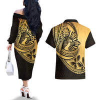 Philippines Eagle Sun Couples Matching Off The Shoulder Long Sleeve Dress and Hawaiian Shirt Filipino Agila Polynesian Tattoo Gold Color