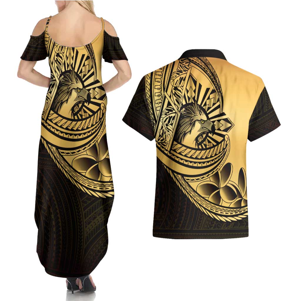 Philippines Eagle Sun Couples Matching Summer Maxi Dress and Hawaiian Shirt Filipino Agila Polynesian Tattoo Gold Color