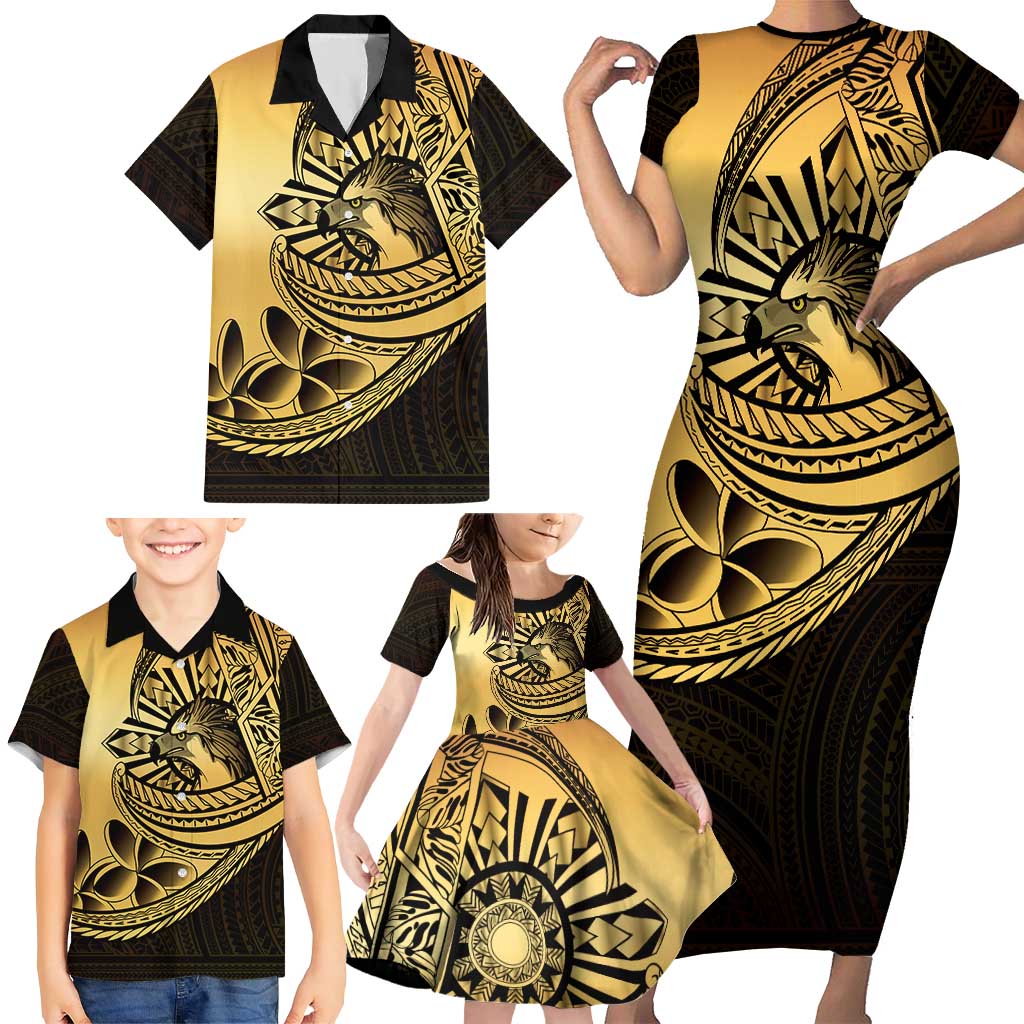 Philippines Eagle Sun Family Matching Short Sleeve Bodycon Dress and Hawaiian Shirt Filipino Agila Polynesian Tattoo Gold Color LT14 - Polynesian Pride
