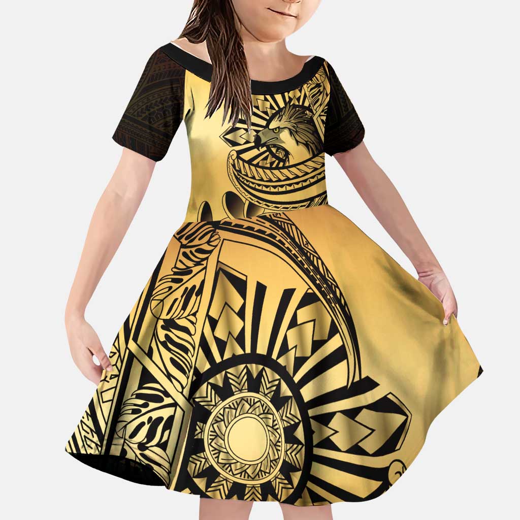 Philippines Eagle Sun Family Matching Tank Maxi Dress and Hawaiian Shirt Filipino Agila Polynesian Tattoo Gold Color LT14 Daughter's Dress Gold - Polynesian Pride