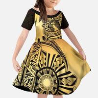 Philippines Eagle Sun Kid Short Sleeve Dress Filipino Agila Polynesian Tattoo Gold Color LT14 KID Gold - Polynesian Pride