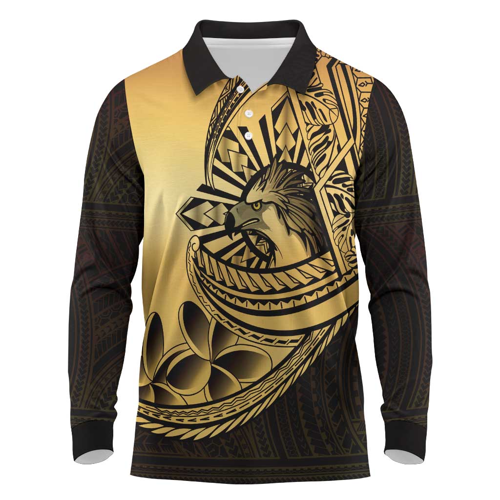Philippines Eagle Sun Long Sleeve Polo Shirt Filipino Agila Polynesian Tattoo Gold Color LT14 Gold - Polynesian Pride