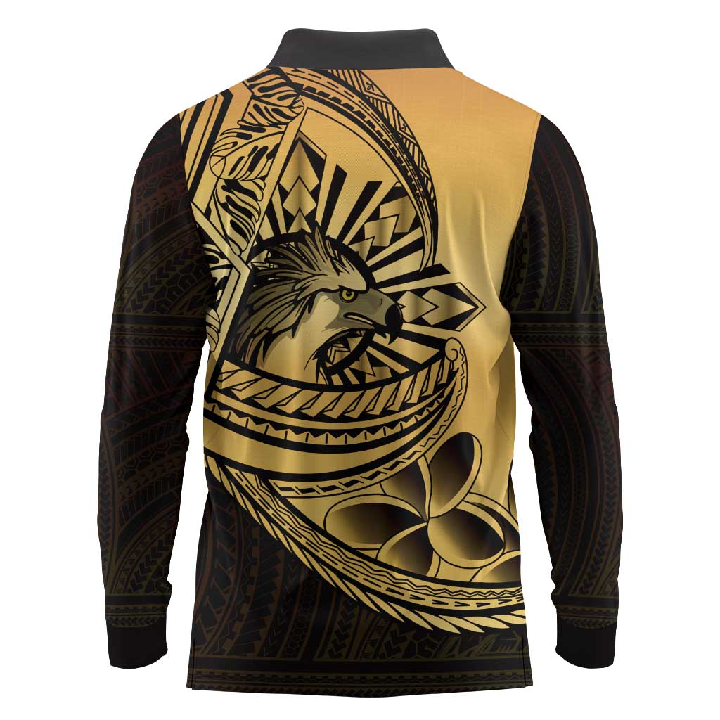 Philippines Eagle Sun Long Sleeve Polo Shirt Filipino Agila Polynesian Tattoo Gold Color LT14 - Polynesian Pride