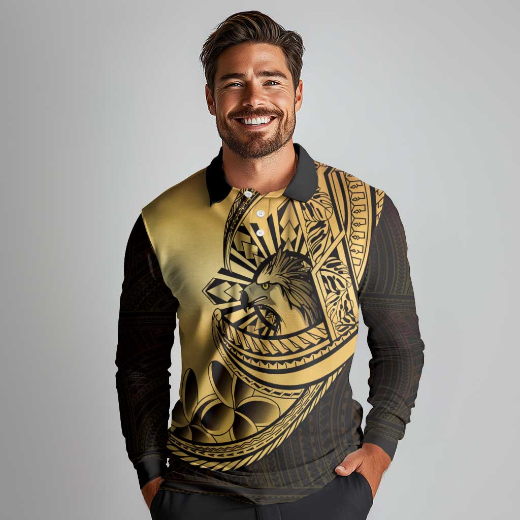 Philippines Eagle Sun Long Sleeve Polo Shirt Filipino Agila Polynesian Tattoo Gold Color LT14 - Polynesian Pride