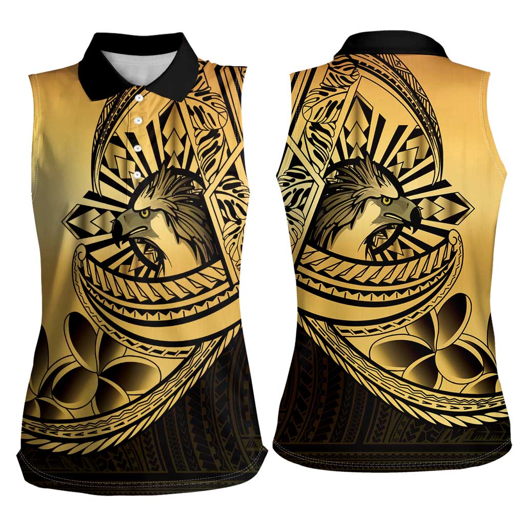 Philippines Eagle Sun Women Sleeveless Polo Shirt Filipino Agila Polynesian Tattoo Gold Color