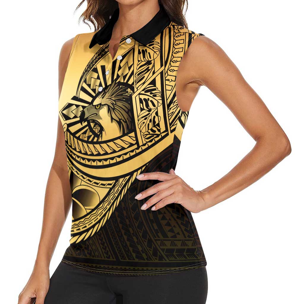 Philippines Eagle Sun Women Sleeveless Polo Shirt Filipino Agila Polynesian Tattoo Gold Color