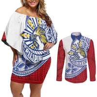 Philippines Eagle Sun Couples Matching Off Shoulder Short Dress and Long Sleeve Button Shirt Filipino Agila Polynesian Tattoo Flag Color