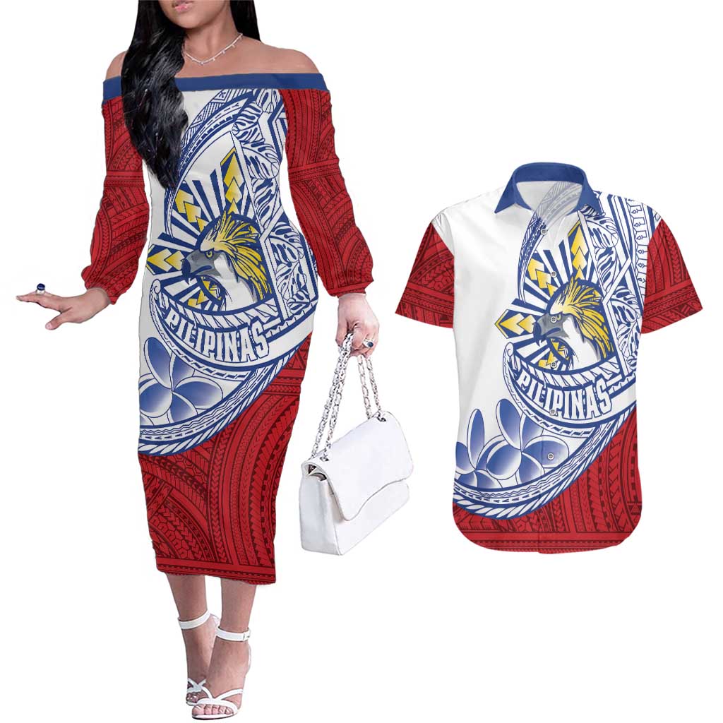 Philippines Eagle Sun Couples Matching Off The Shoulder Long Sleeve Dress and Hawaiian Shirt Filipino Agila Polynesian Tattoo Flag Color