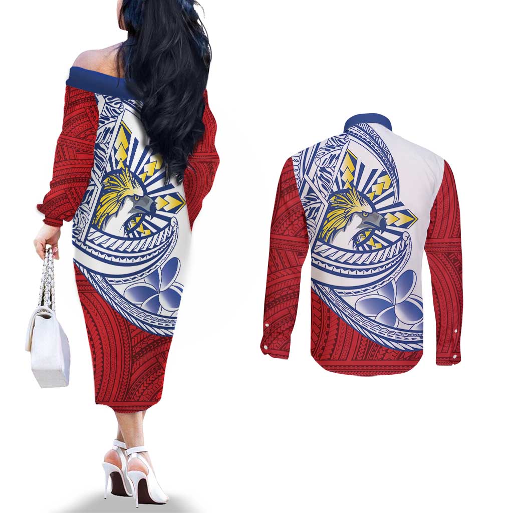 Philippines Eagle Sun Couples Matching Off The Shoulder Long Sleeve Dress and Long Sleeve Button Shirt Filipino Agila Polynesian Tattoo Flag Color