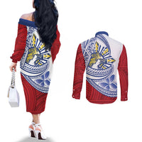 Philippines Eagle Sun Couples Matching Off The Shoulder Long Sleeve Dress and Long Sleeve Button Shirt Filipino Agila Polynesian Tattoo Flag Color