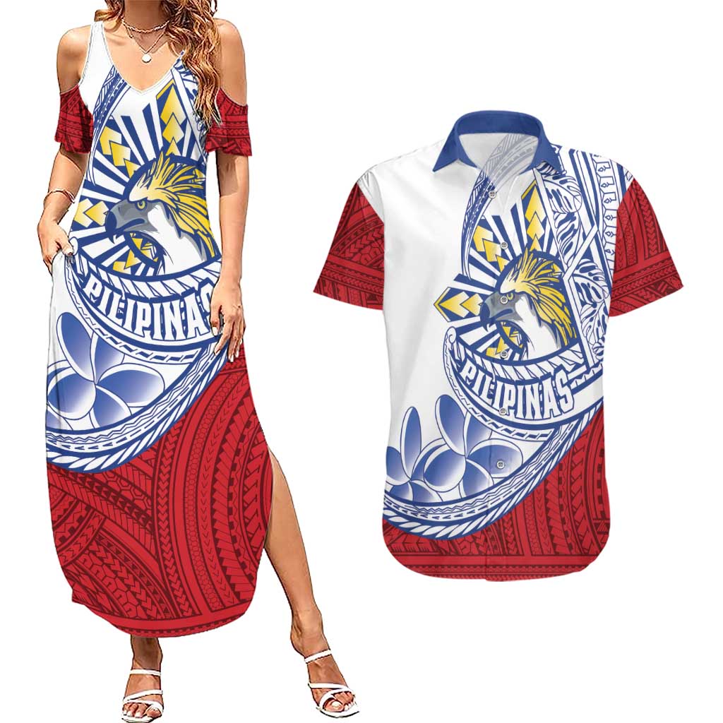 Philippines Eagle Sun Couples Matching Summer Maxi Dress and Hawaiian Shirt Filipino Agila Polynesian Tattoo Flag Color