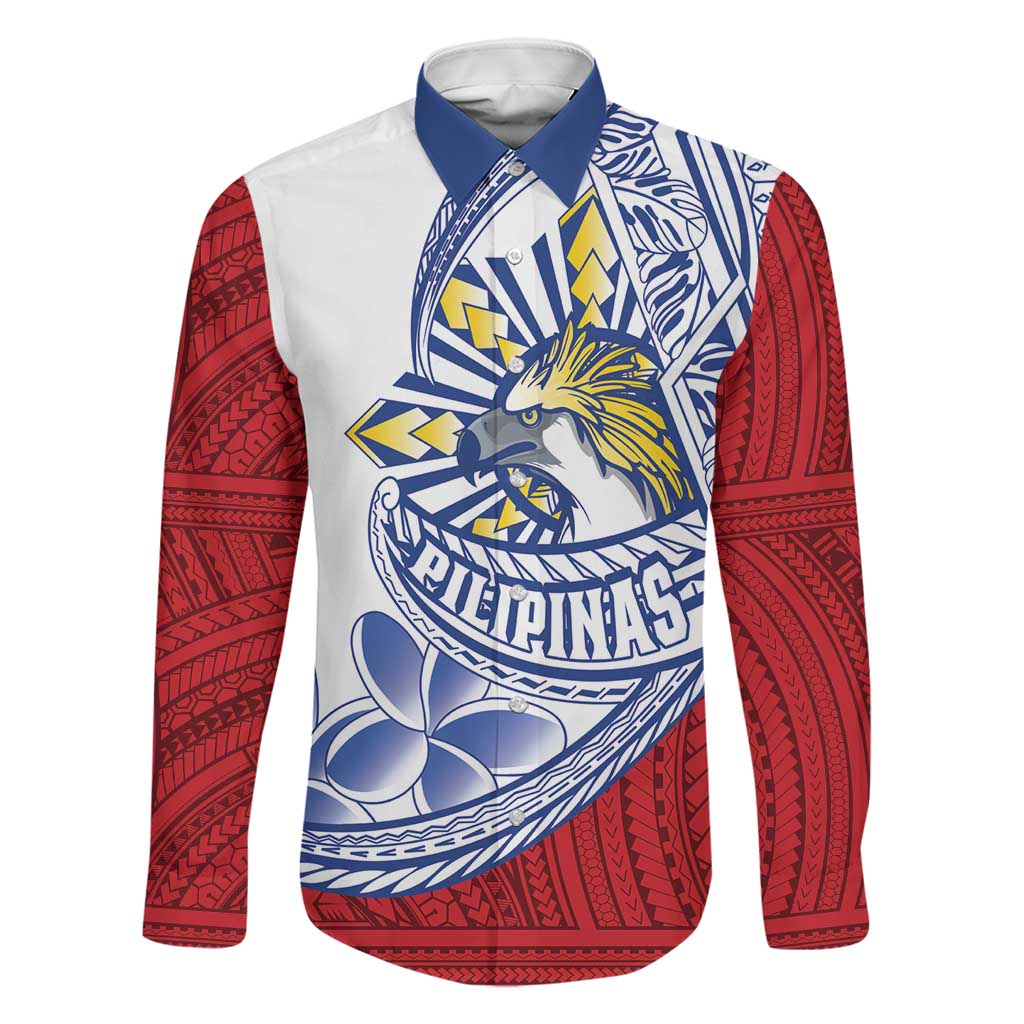 Philippines Eagle Sun Family Matching Off Shoulder Short Dress and Hawaiian Shirt Filipino Agila Polynesian Tattoo Flag Color LT14 Dad's Shirt - Long Sleeve Red - Polynesian Pride