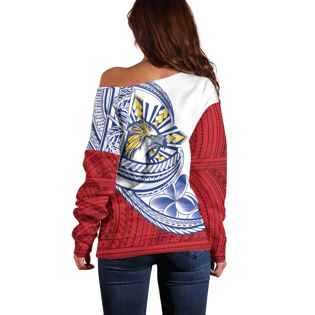 Philippines Eagle Sun Off Shoulder Sweater Filipino Agila Polynesian Tattoo Flag Color LT14 - Polynesian Pride