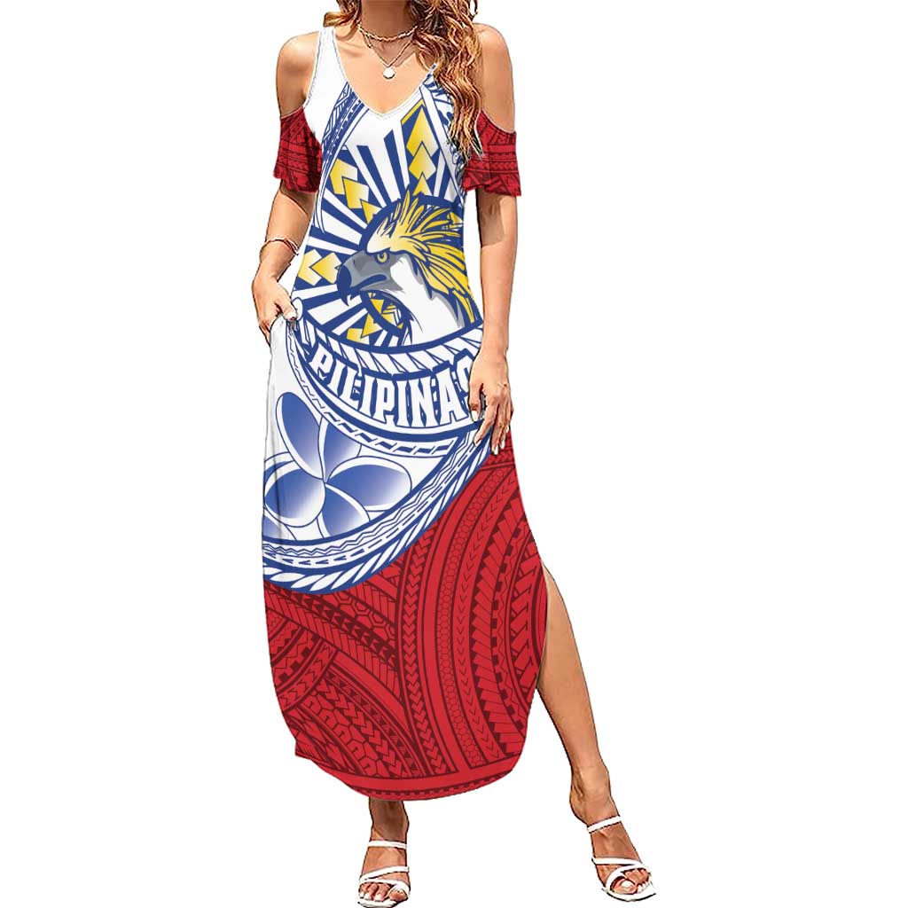 Philippines Eagle Sun Summer Maxi Dress Filipino Agila Polynesian Tattoo Flag Color LT14 Women Red - Polynesian Pride