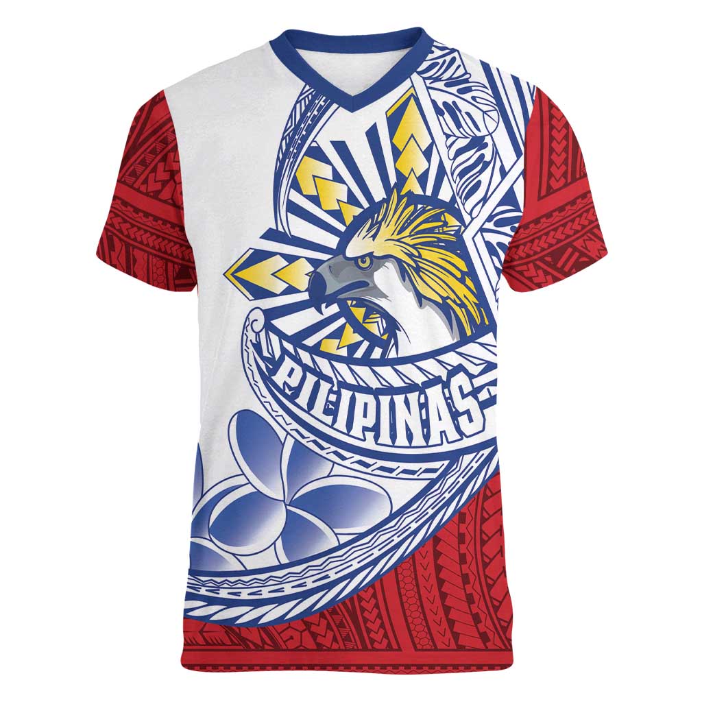 Philippines Eagle Sun Women V-Neck T-Shirt Filipino Agila Polynesian Tattoo Flag Color