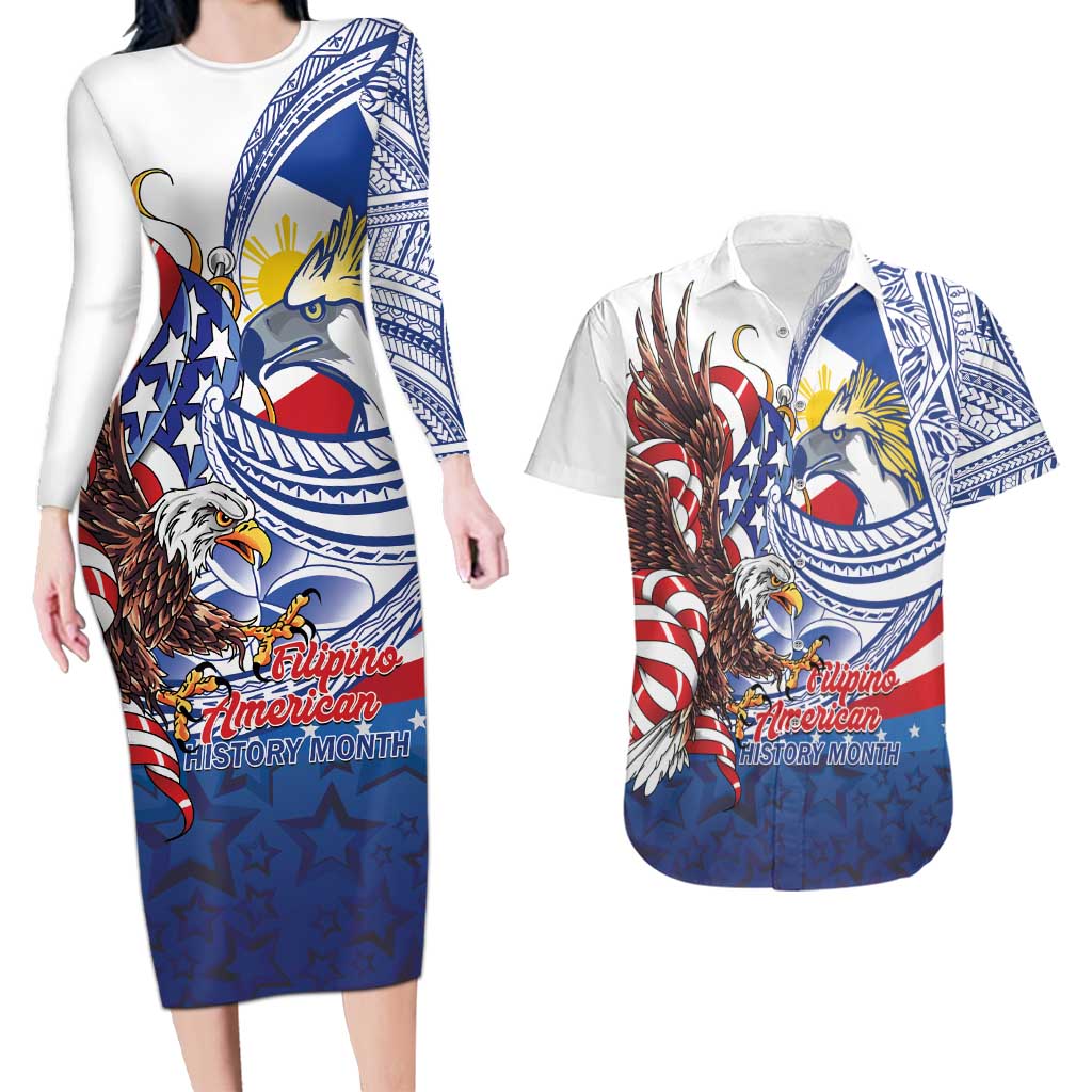 Filipino American History Month Couples Matching Long Sleeve Bodycon Dress and Hawaiian Shirt Philippines Agila USA Eagle Mix Flag