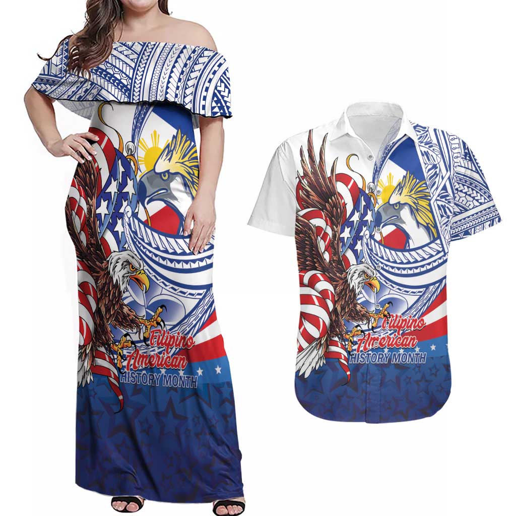 Filipino American History Month Couples Matching Off Shoulder Maxi Dress and Hawaiian Shirt Philippines Agila USA Eagle Mix Flag
