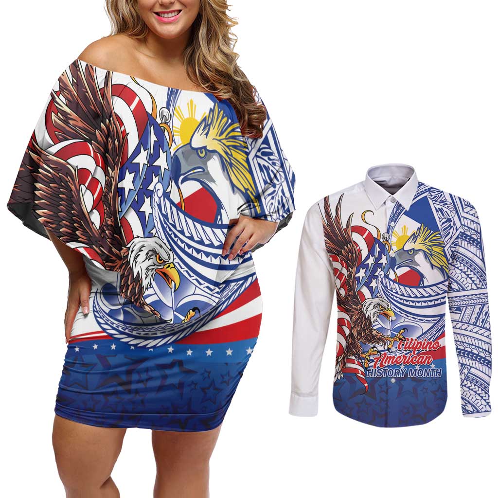 Filipino American History Month Couples Matching Off Shoulder Short Dress and Long Sleeve Button Shirt Philippines Agila USA Eagle Mix Flag