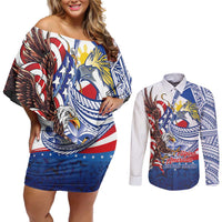 Filipino American History Month Couples Matching Off Shoulder Short Dress and Long Sleeve Button Shirt Philippines Agila USA Eagle Mix Flag