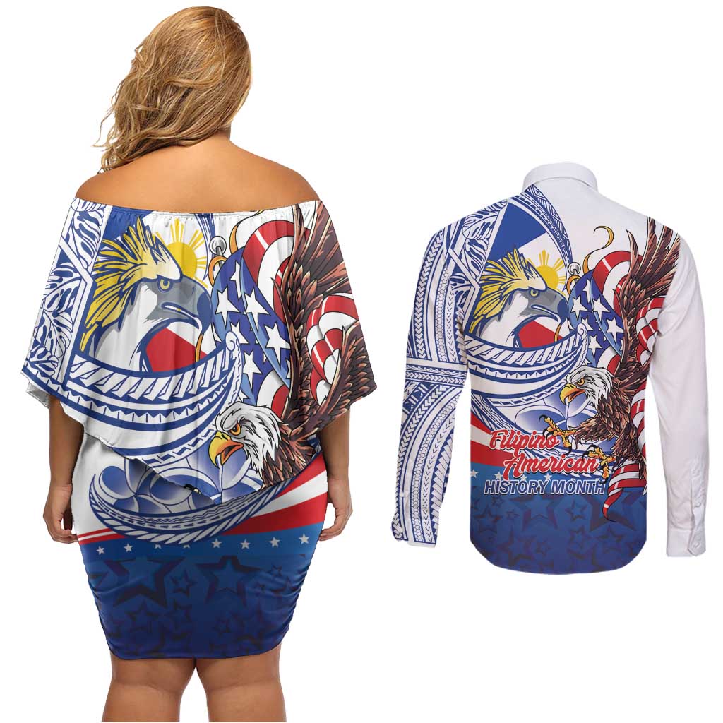 Filipino American History Month Couples Matching Off Shoulder Short Dress and Long Sleeve Button Shirt Philippines Agila USA Eagle Mix Flag